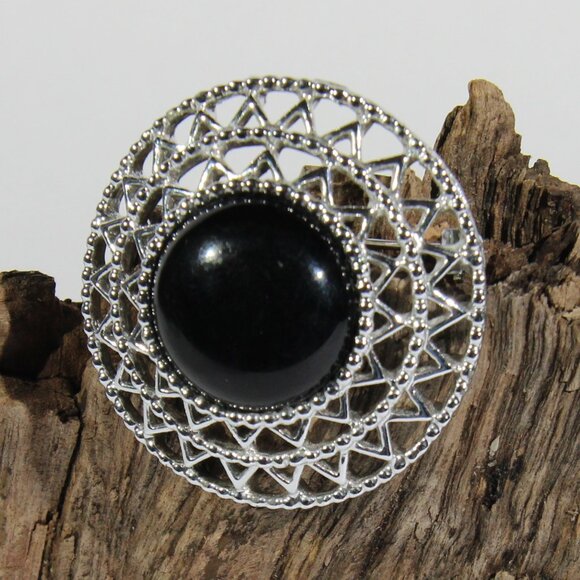 Vintage Sarah Coventry Silver Tone Faux Black Onyx Cabochon Brooch - Picture 1 of 6